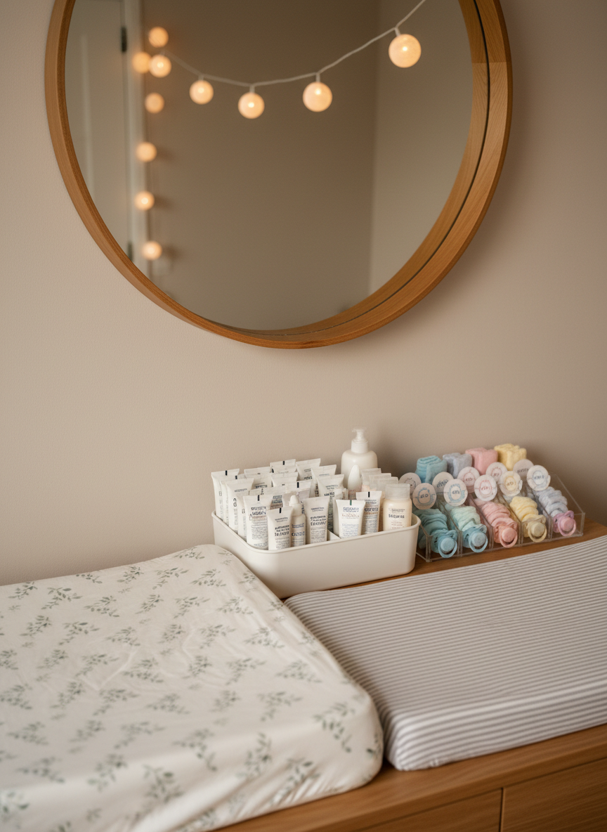 A neatly organized nursery dresser top photographed in photographic realism, featuring two side-by-side changing pad covers in contrasting but coordinated patterns, a divided caddy overflowing with duplicate diaper creams and lotions, and a small acrylic organizer filled with labeled pacifiers and tiny socks in pairs. A large mirror above the dresser reflects string lights and a soft, neutral wall color without showing any people. Diffused afternoon light from an unseen window gives everything a gentle glow, with soft shadows under each object. Captured from a slightly elevated angle with balanced composition, the scene feels calm, efficient, and reassuring, emphasizing smart storage solutions and must-have gear for parents of multiples in an authentic, real-home setting.