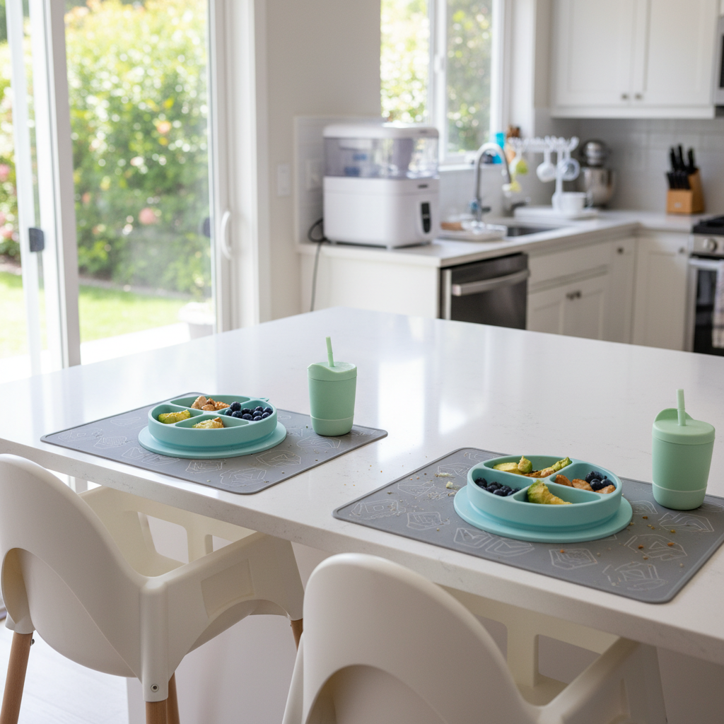 A modern kitchen counter set up for a realistic twin-feeding routine, showing two compact highchairs pulled up to a smooth quartz island. On the island sit two silicone suction plates with age-appropriate finger foods arranged side by side, matching spill-proof cups, and a wipeable placemat with a few crumbs and smears left from a meal. A double-bottle sterilizer and drying rack are visible in the background, slightly out of focus. Natural daylight streams in from a nearby sliding door, creating crisp reflections on the quartz and subtle bokeh in the background. Photographed at an eye-level angle in bright, photographic realism, the mood is energetic yet manageable, illustrating real-life use of twin mealtime products in a busy but functional family kitchen.