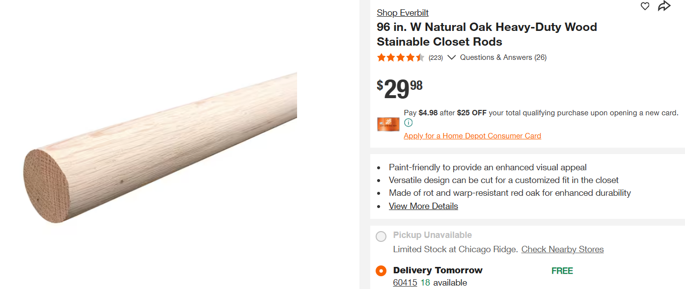 Everbilt 96 in. W Natural Oak Heavy-Duty Wood Stainable Closet Rod